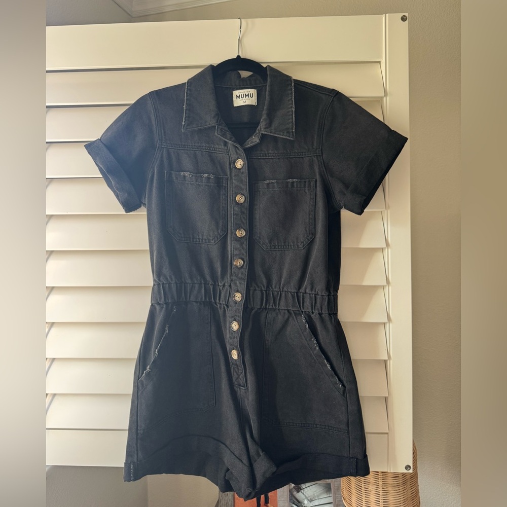 Show Me Your MuMu Black Short-Sleeve Denim Romper